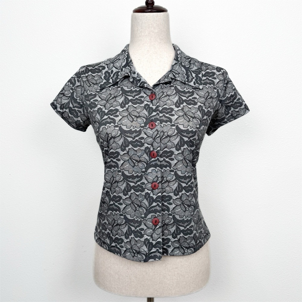 Vtg 90s Baby Tee Top Womens Medium Black Lace Print Button Up Crop Fairy Grunge‎